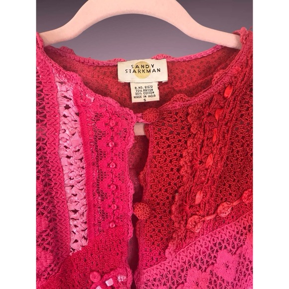 VTG Sandy Starkman Jacket Womens S Pink Appliqué Velvet Crochet Patchwork Boho - Picture 3 of 6